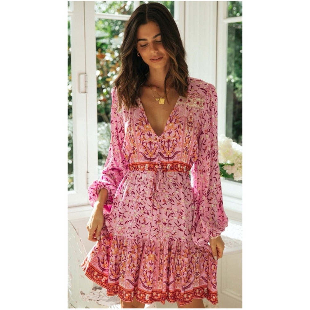Boho Hippie Gypsy Floral print pink ruffle dress - Picture 2 of 16